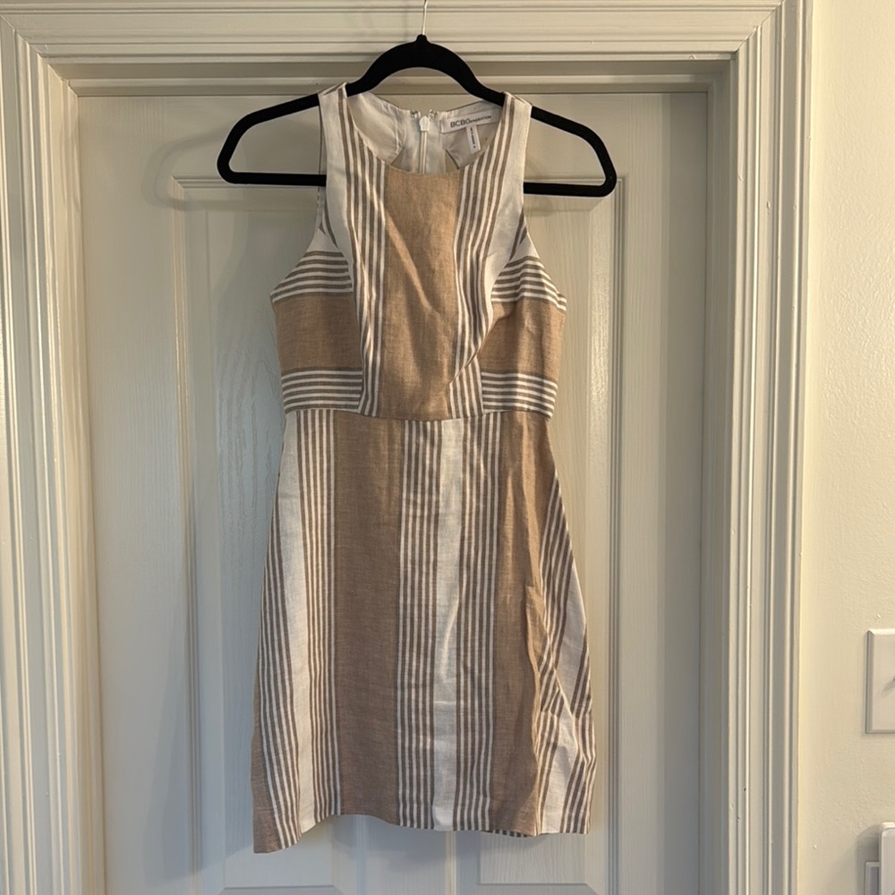 Striped Tan and White Sleeveless Dress